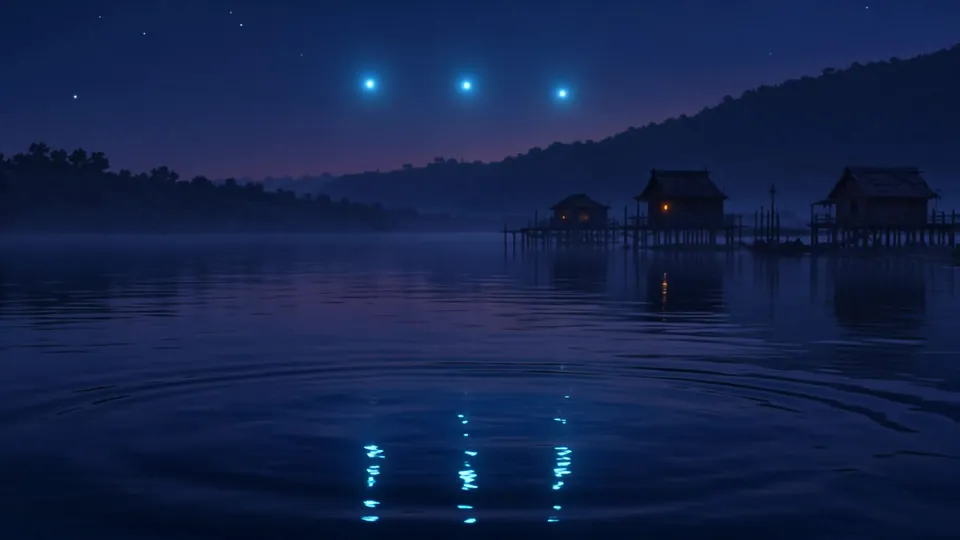 Three blue lights over a calm lake at night, from The Three Lights.