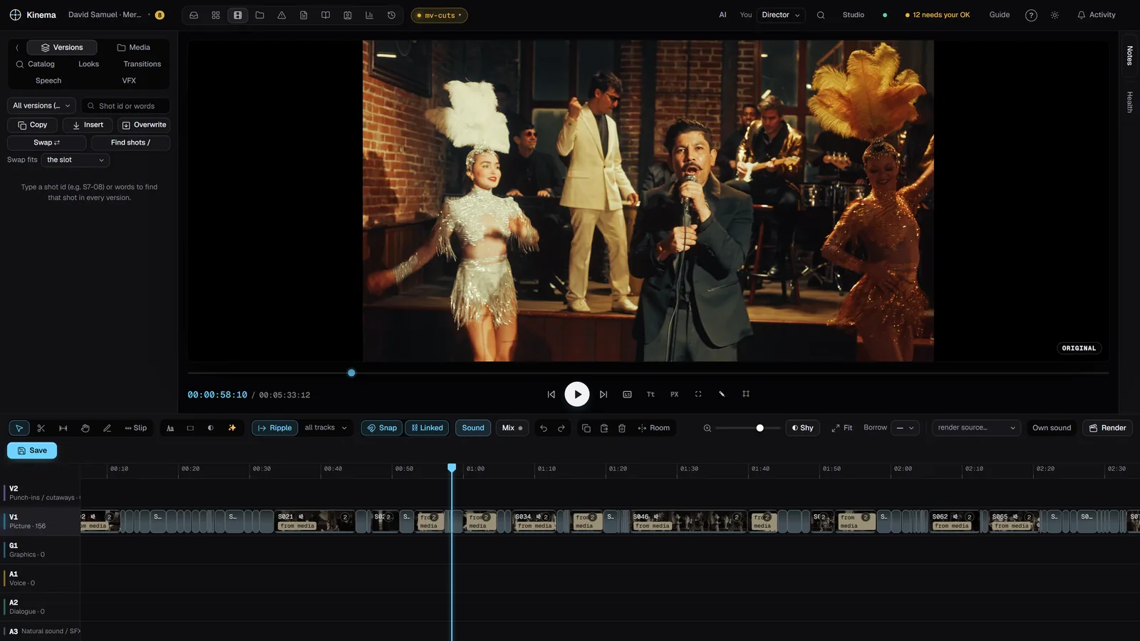 A music video in the Kimena editor: a singer and dancers on a warm stage.